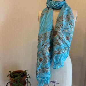 Women’s Scarf Aqua Blue Embroidered Oblong Scarf